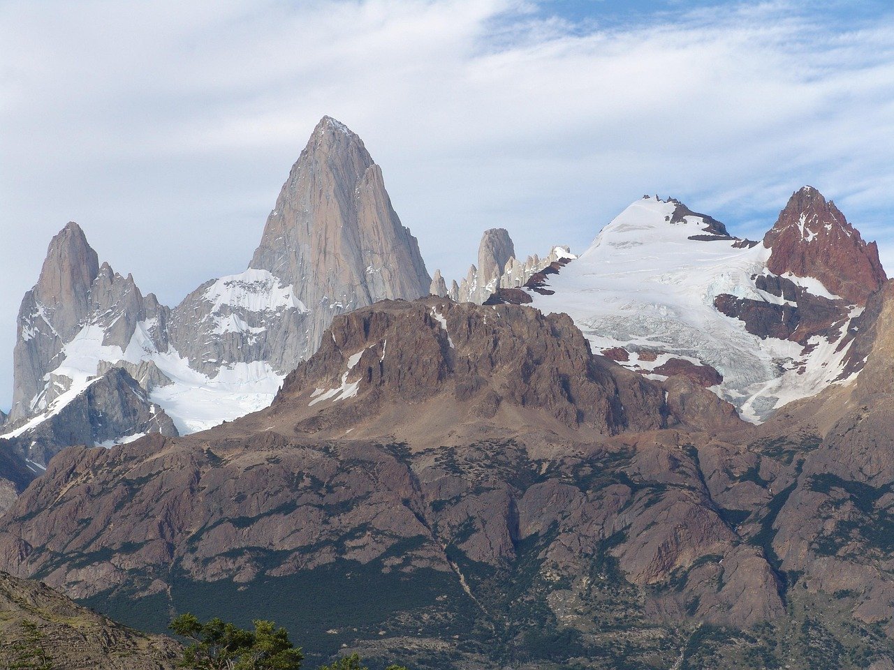 Paisaje nevado típico de El Chaltén. El Monte Fitz Roy se impone ante todo